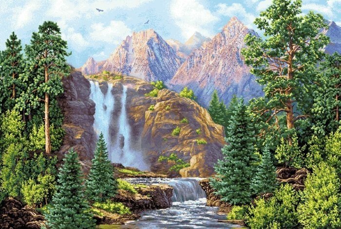 Пейзаж - пейзаж, лес, водопад, лето., горы - оригинал