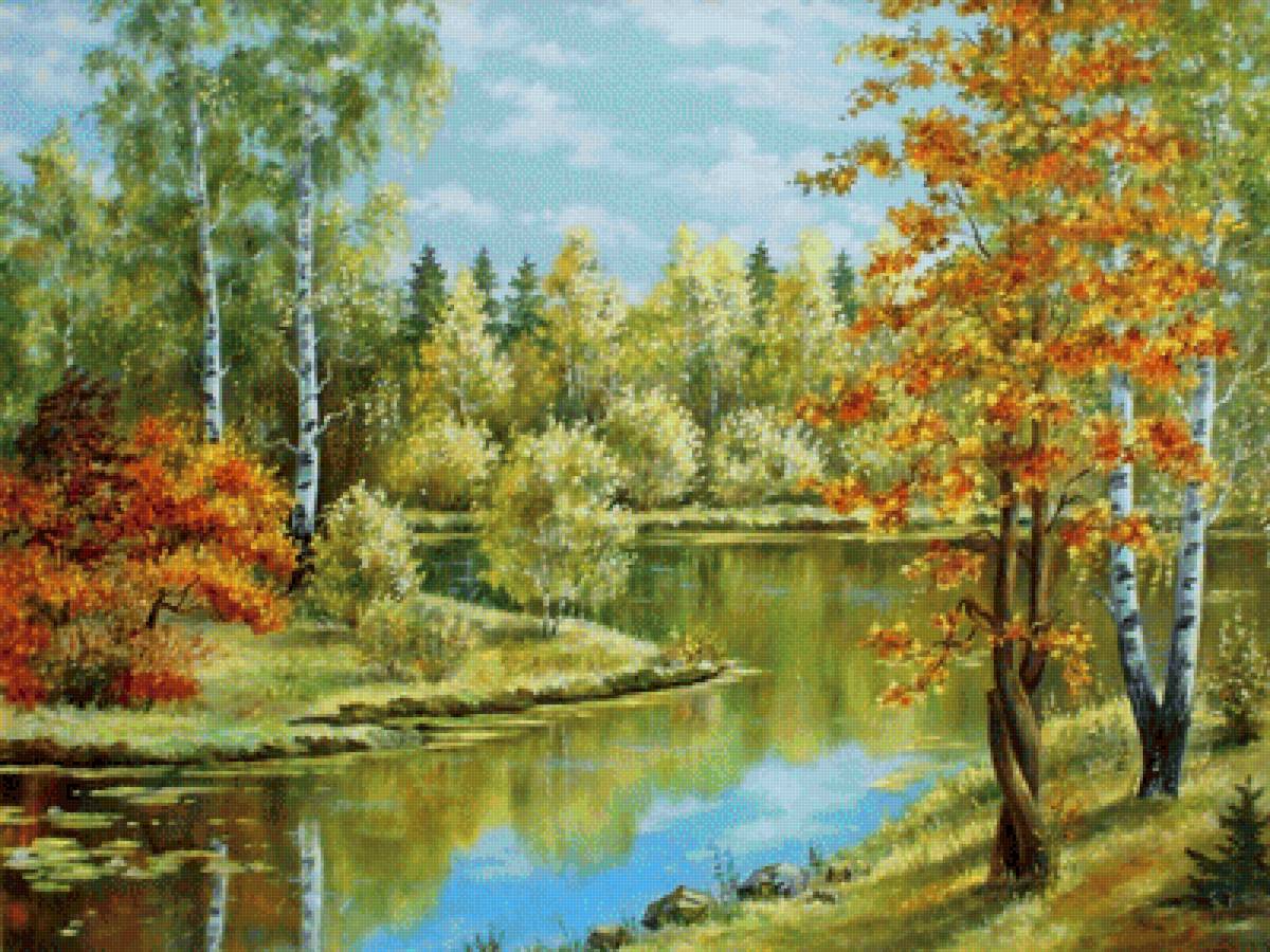 Пейзаж - река, лес, картина., осень, пейзаж - предпросмотр