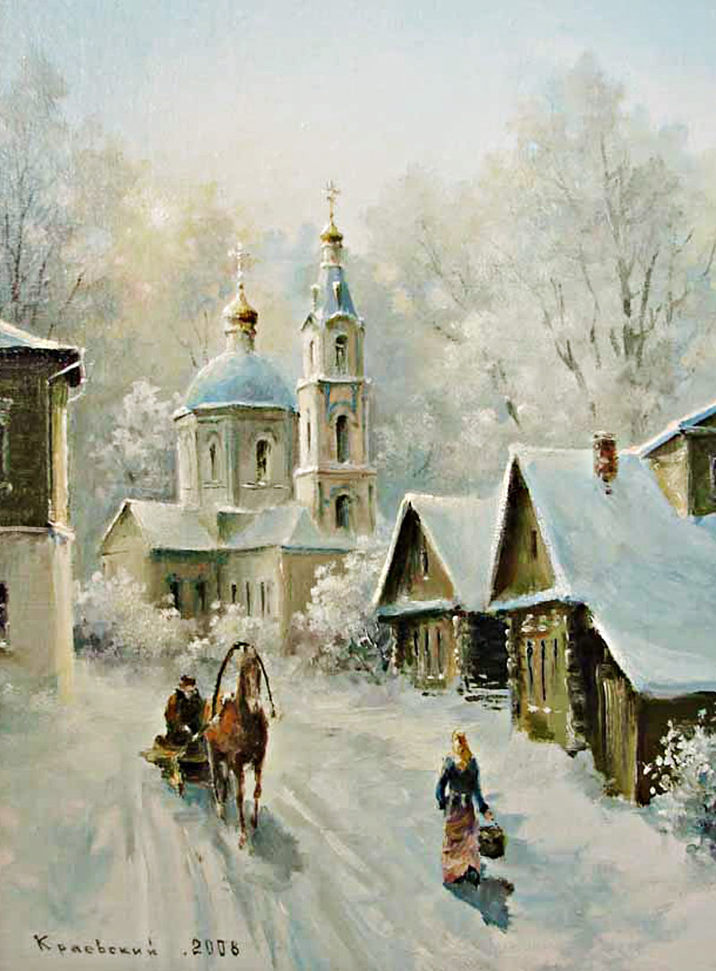 Зима в деревне. худ. Краевский - пейзаж, живопись, деревня - оригинал