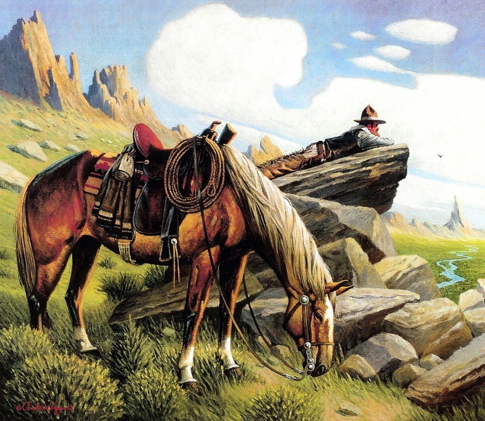 Отдых ковбоя - ковбой, горы, лошадь, степь - оригинал
