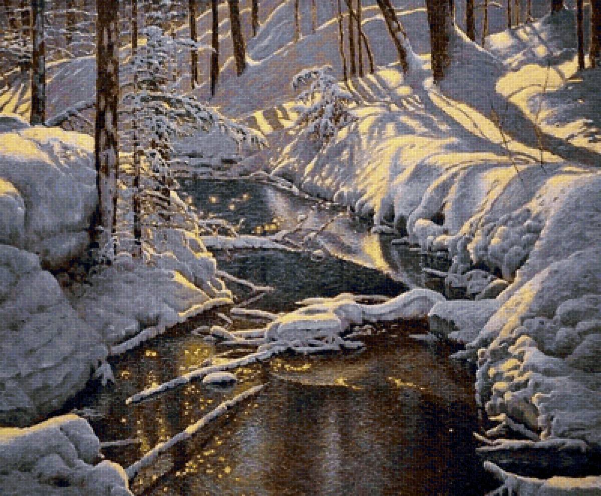По картине Ричарда Савойя - снег, лес, ручей, зима - предпросмотр