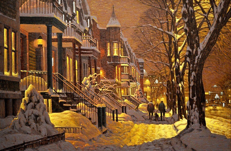 По картине Ричарда Савойя - люди, снег, дома, город - оригинал