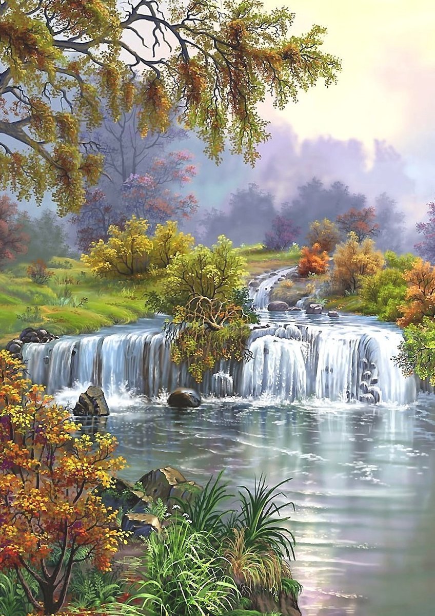 водопад - утро, пейзаж, лес, дерево, вода - оригинал
