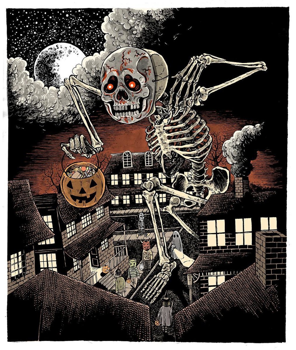 Хэллоуин - скелет, луна, хэллоуин, ночь, тыква, конфеты, череп - оригинал