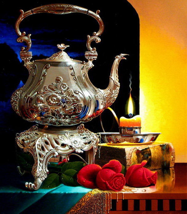 натюрморт с чайником - свеча, натюрморт, чайник, книги, розы - оригинал