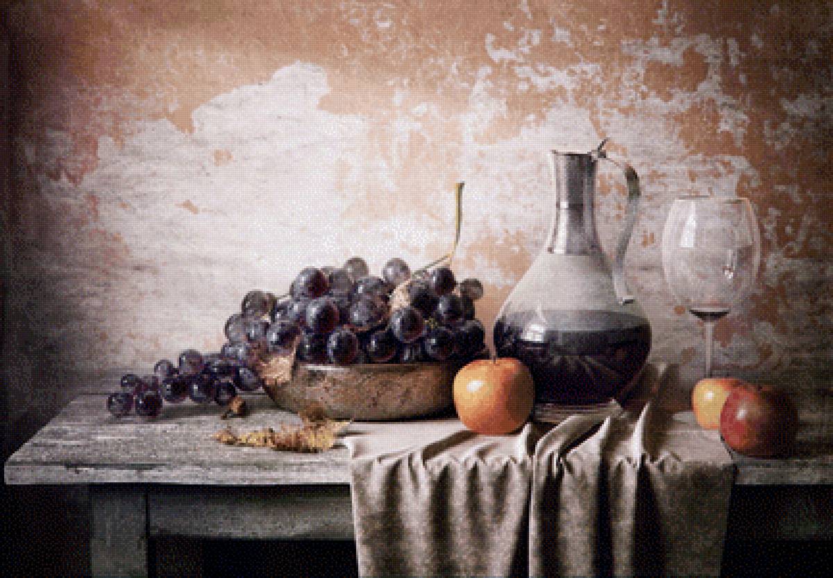 Натюрморт - вино, виноград, яблоки, натюрморт, бокал - предпросмотр