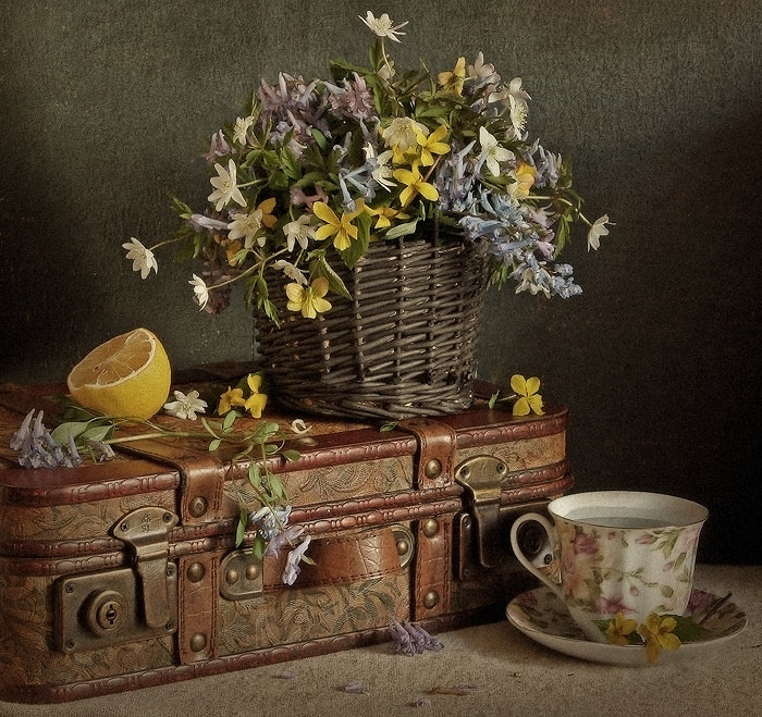 Натюрморт - лимон, букет, чай, цветы, натюрморт - оригинал