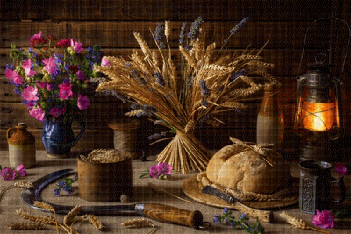 Натюрморт - хлеб, колосья, натюрморт, цветы - предпросмотр