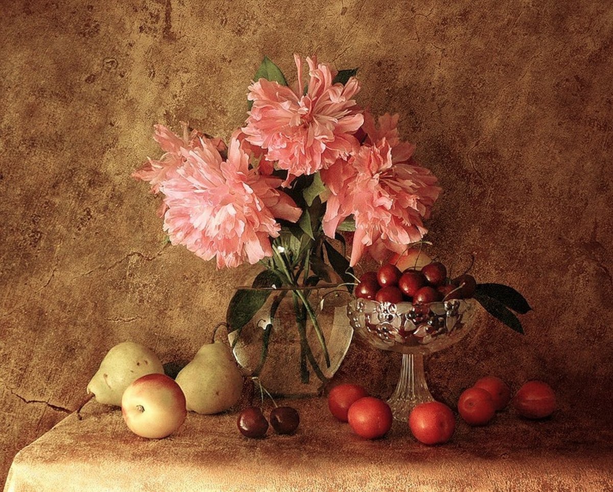 Пионы - яблоки, натюрморт, черешня, сливы, букет, цветы, пионы, груши - оригинал