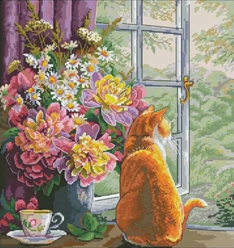 Летний полдень - кот, окно, цветы, лето, подоконник, ваза - оригинал