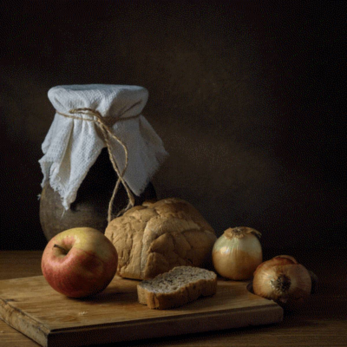 Деревенский натюрморт - хлеб, кухня, яблоко, крынка, лук, натюрморт - предпросмотр