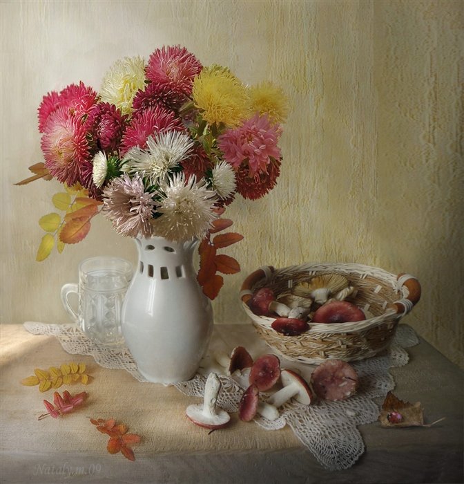 Осень - цветы, грибы, букет, астры, натюрморт - оригинал