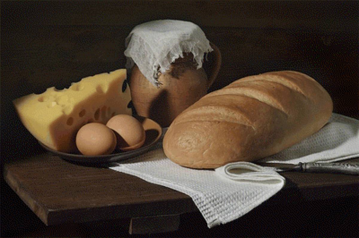 Деревенский завтрак - яйца, хлеб, крынка, натюрморт, сыр - предпросмотр