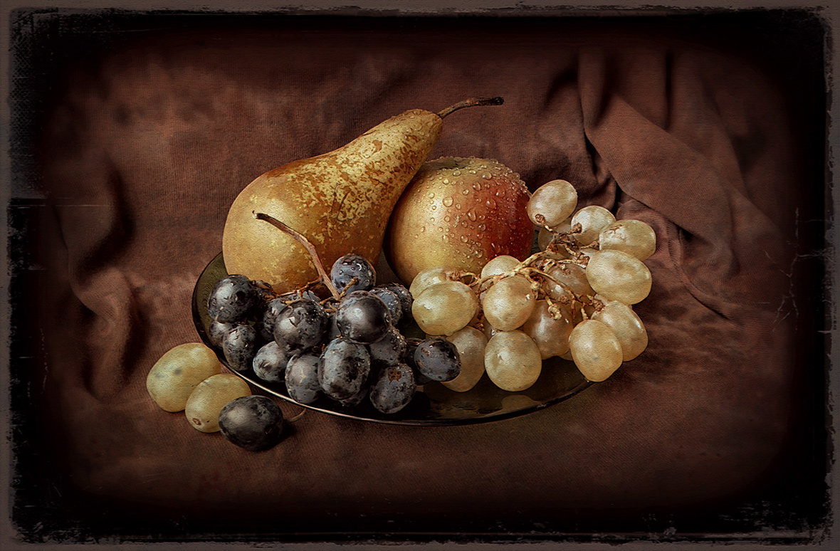 Фрукты - натюрморт, яблоко, груша, виноград, фрукты - оригинал