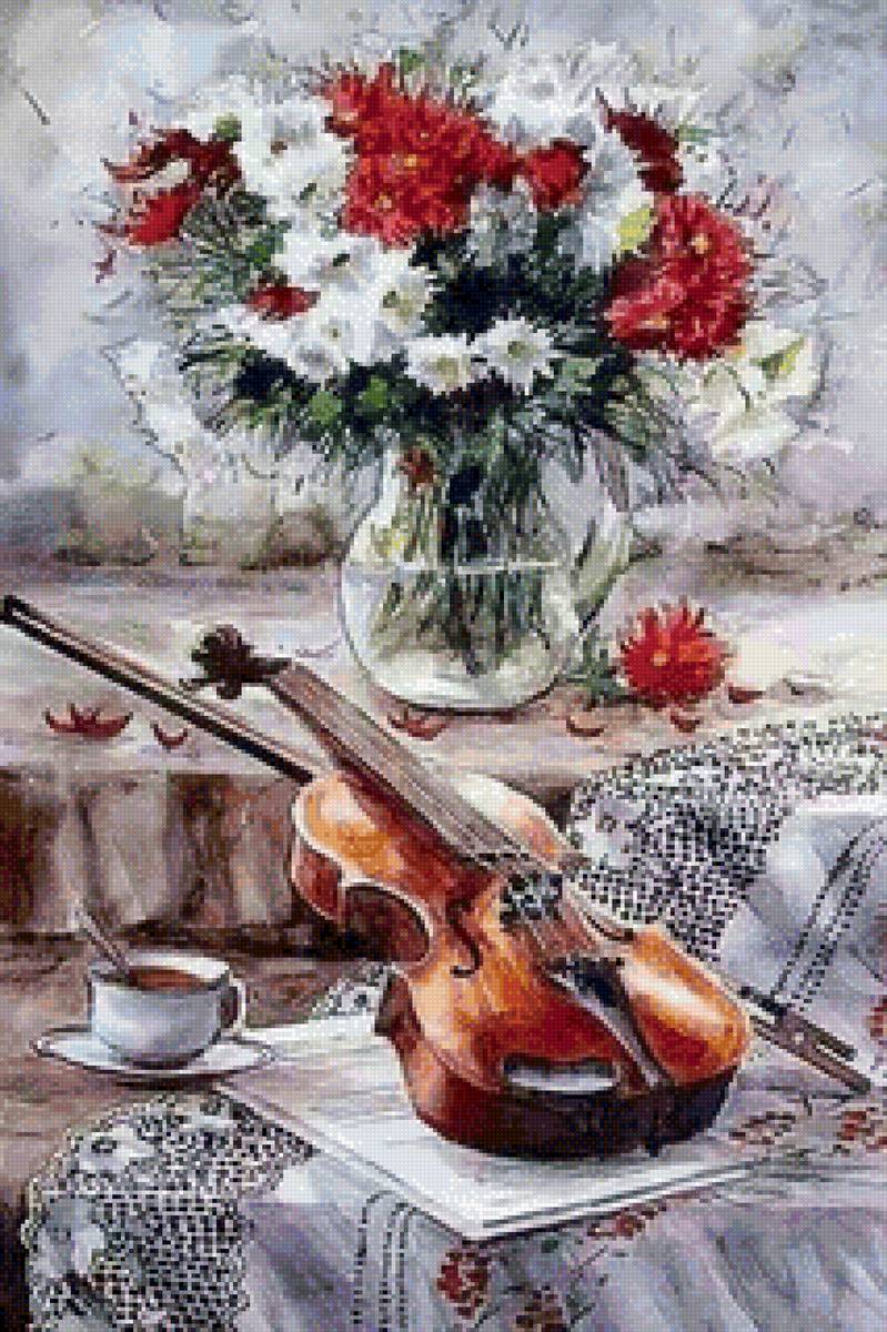 Скрипка - цветы, скрипка, музыка - предпросмотр
