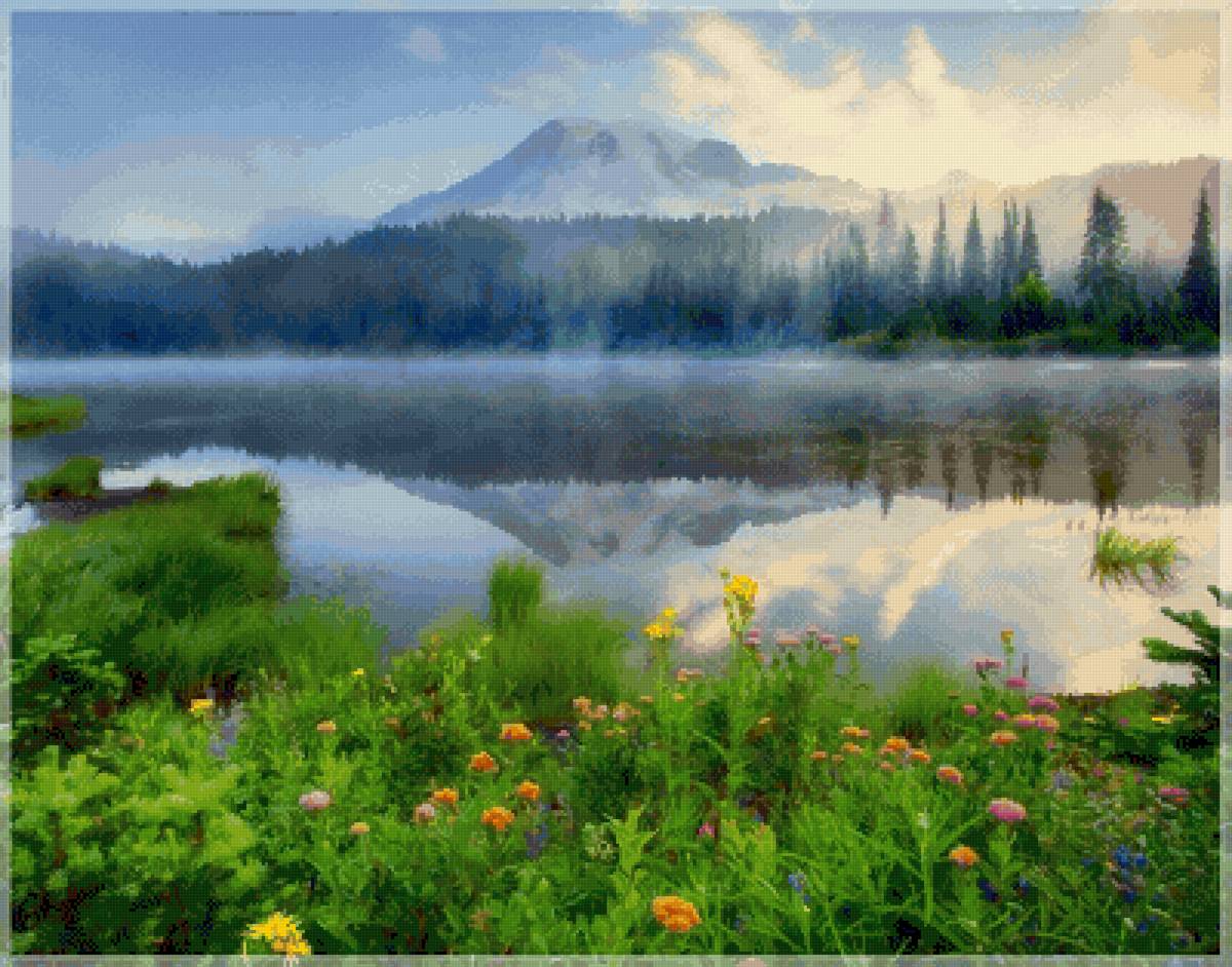 Природа - озеро, вода, полевые цветы, природа, горы - предпросмотр