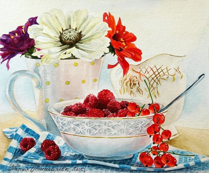 Мария Мишкарёва - натюрморт, ягоды, цветы - оригинал