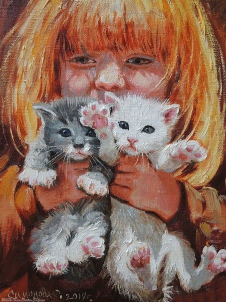 Девочка с котятами - рисунок - оригинал
