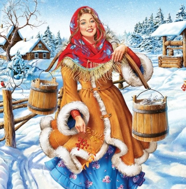 Русская красавица - зима, деревня, девушка, девушка ретро - оригинал