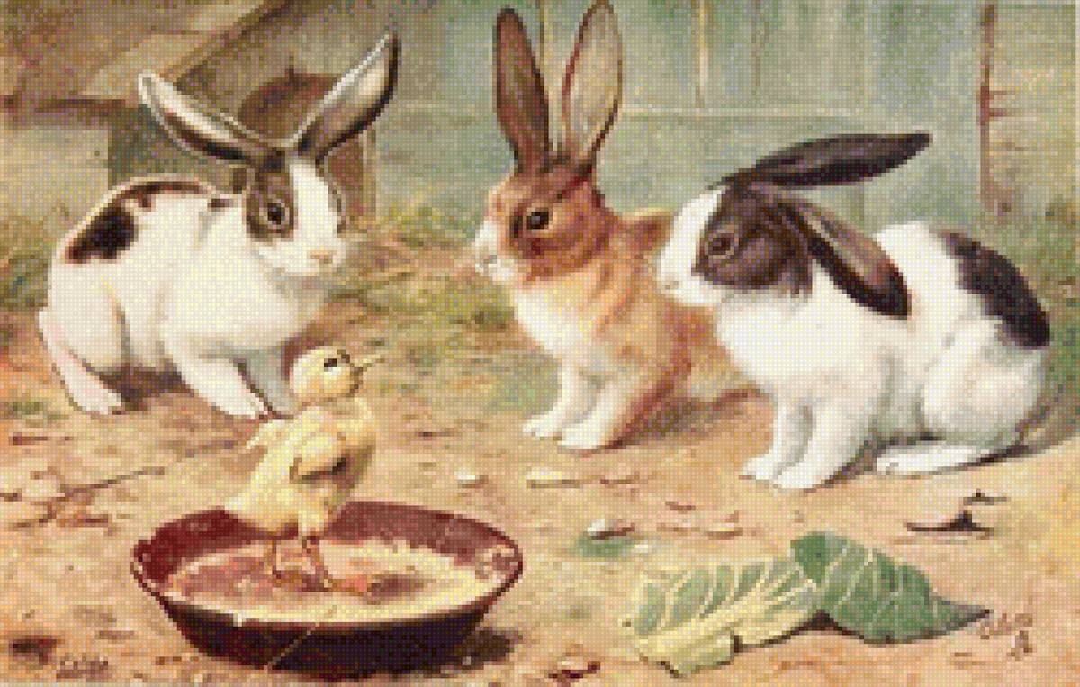 Американская Пасхальная открытка. Кролики и утёнок. - кролики, ферма, утенок, деревня - предпросмотр