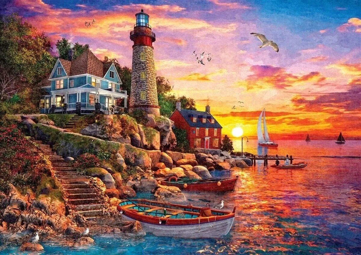 Маяк - лодка, маяк, дом, закат, море - оригинал