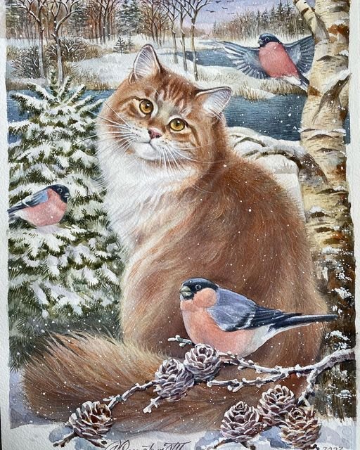 Кот и снегири - кот, зима, снегири, живопись - оригинал
