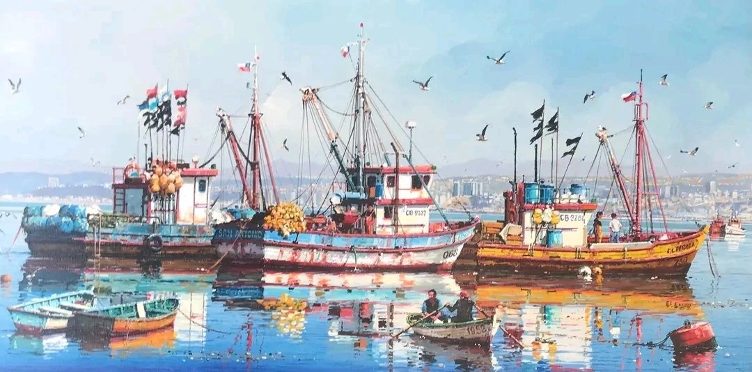 Рыбацкий порт - море, корабли, чайки, порт - оригинал