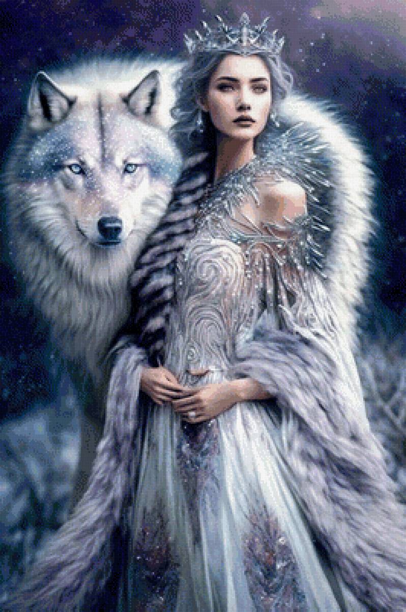девушка и волк - девушка, зима, глаза, волк, взгляд - предпросмотр