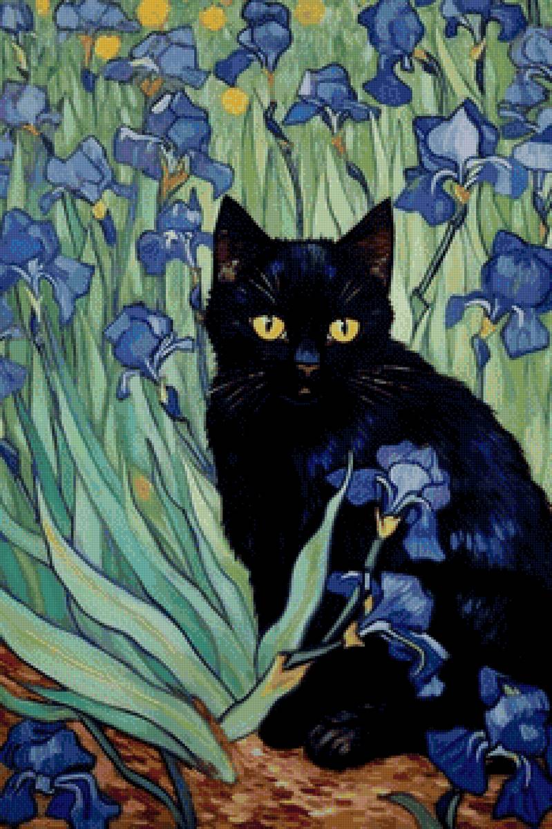 Черный кот и ирисы - цветы, кот, домашние животные, живопись, ирисы - предпросмотр