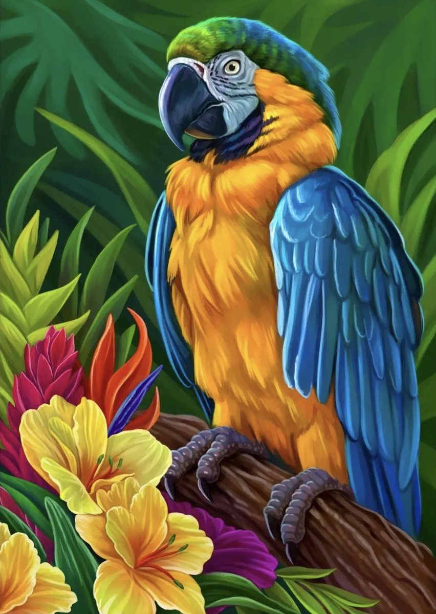 Попугай на ветке - ветка, цветы, птицы - оригинал
