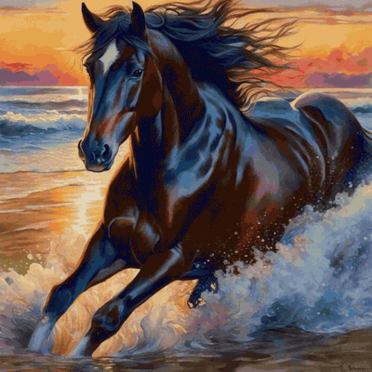 Конь - лошадь, море, конь, закат - предпросмотр