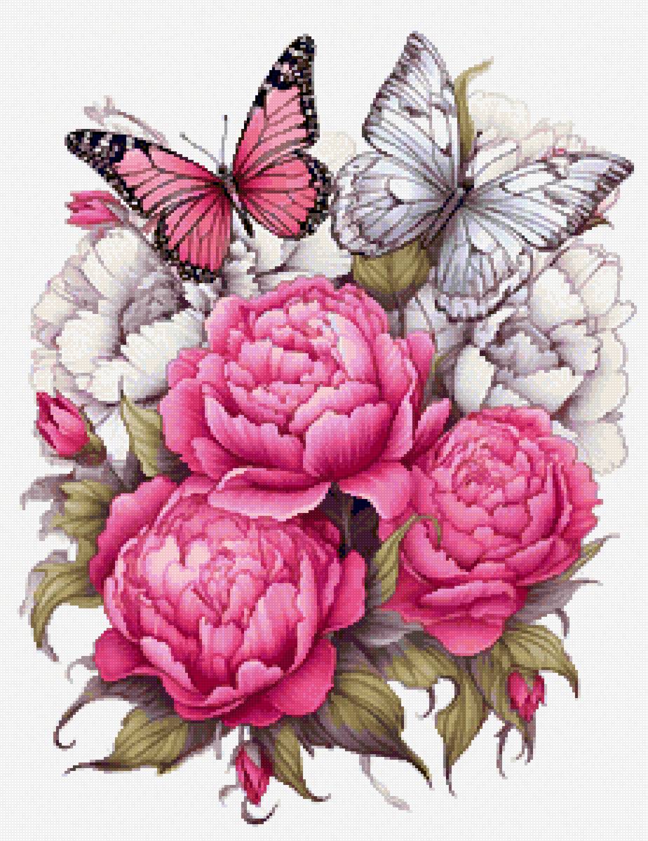 Букет - цветы цветок пионы пион насекомые бабочки бабочка - предпросмотр