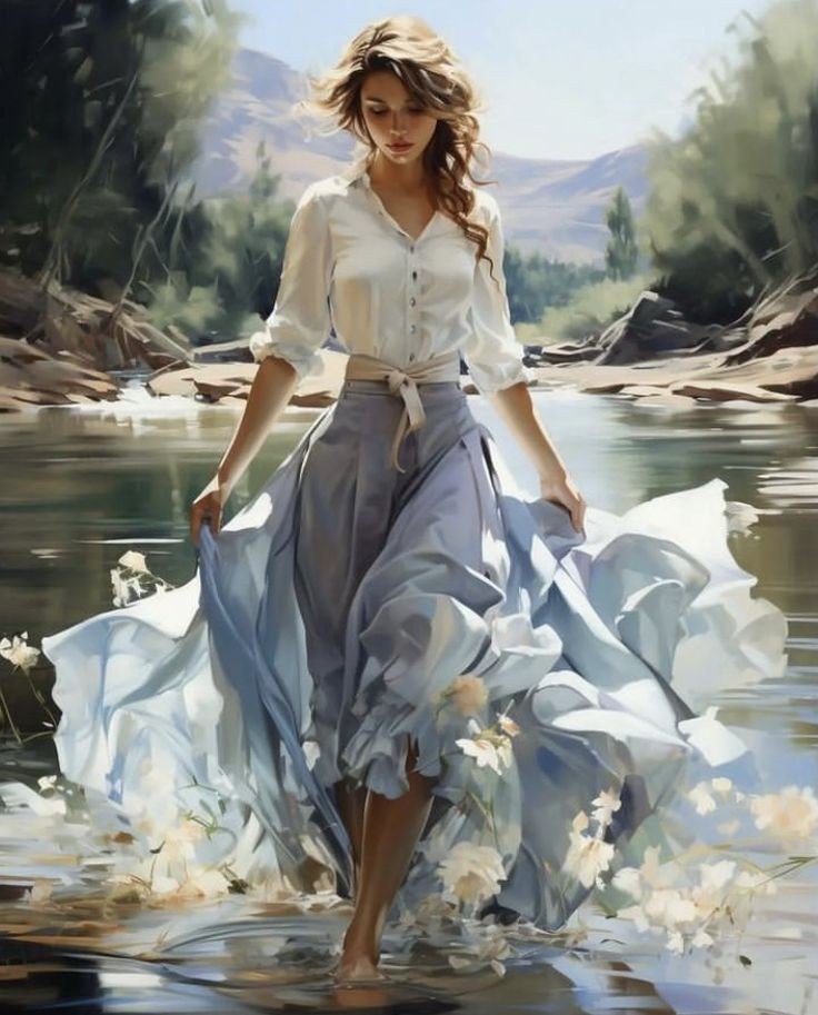 Полуденная свежесть - вода, в голубом, цветы, женщина, девушка, река - оригинал