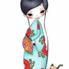 Схема вышивки «Японка и кошка»