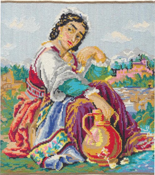 Песня вышла мадьярка на берег дуная. "Девушка с кувшином" 1928 Лебедев. Вышивка крестом девушка с кувшином. Вышивка цыганка с кувшином крестом. Старинная вышивка.