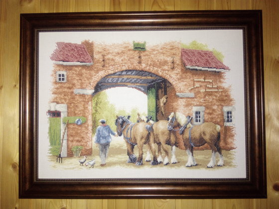 Работа «"Упряжка из трёх лошадей на ферме" от Vervaco, 38 цветов»