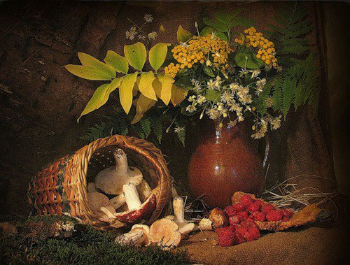 Осенний натюрморт - грибы, осень, натюрморт, листья, ягоды - оригинал