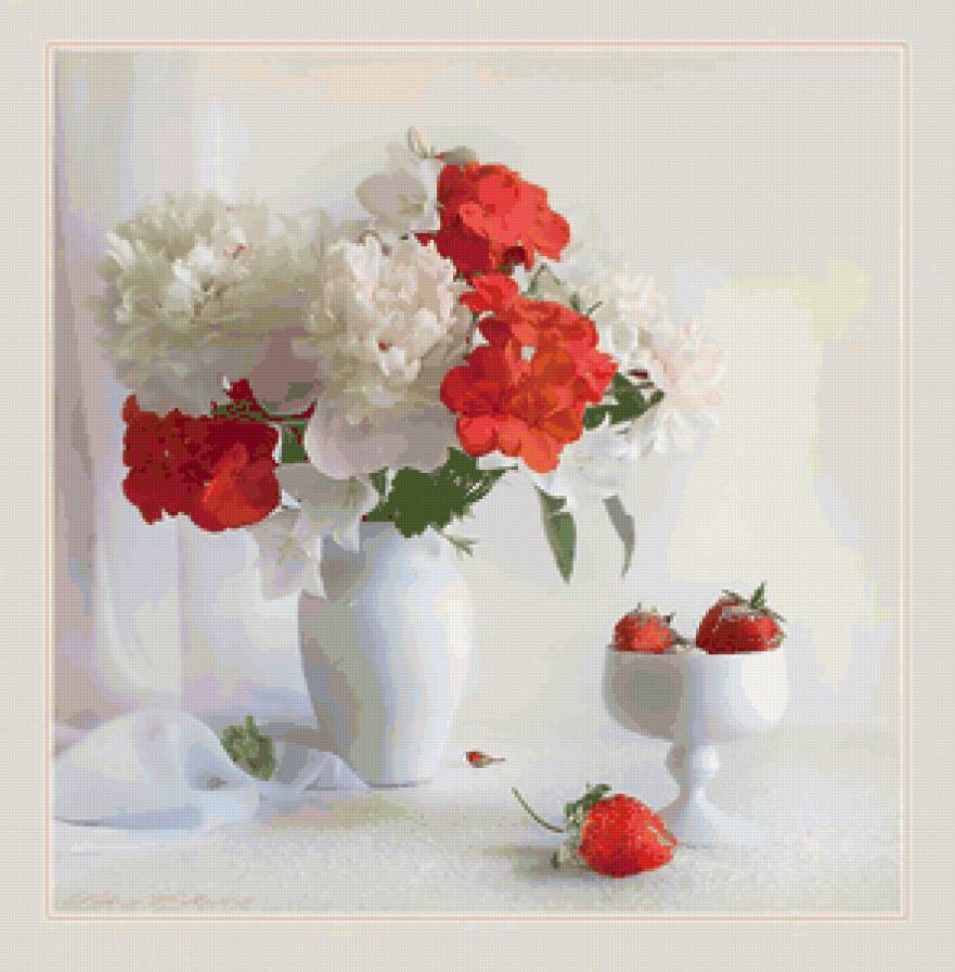 Цветы на белом - букет, натюрморт, клубника, пионы, цветы, ягоды - предпросмотр