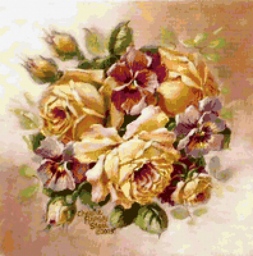 Розы и анютки - розы, душистые розы, роза, цветок, анютины глазки, розочки - предпросмотр