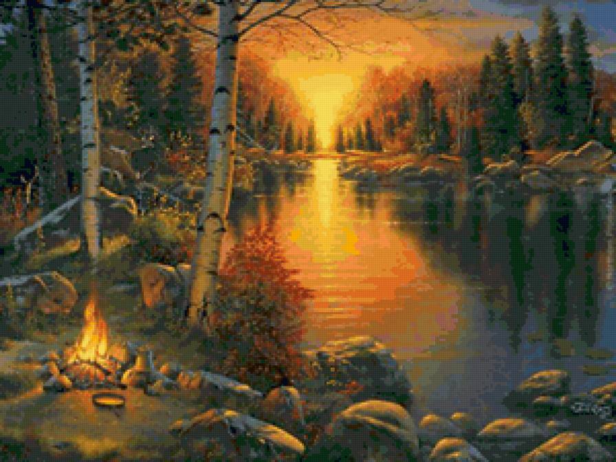 Очень,очень красиво)) - лес, костер, озеро, закат, природа - предпросмотр