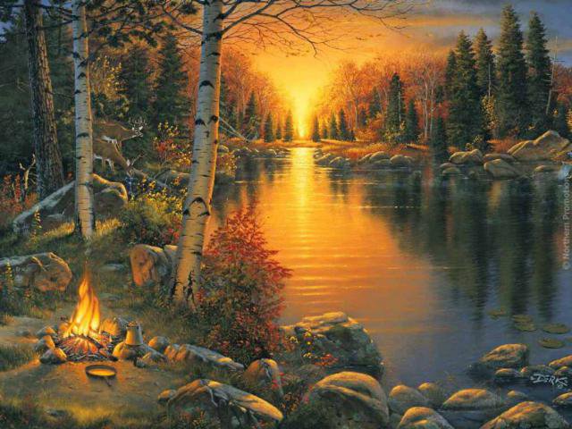 Очень,очень красиво)) - природа, костер, озеро, закат, лес - оригинал