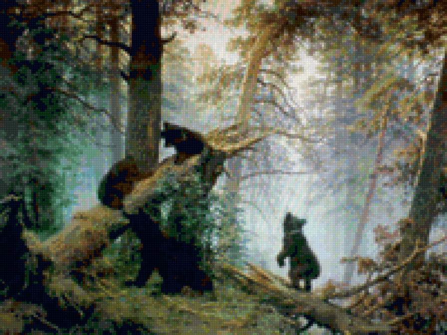 "Утро в сосновом лесу" - природа, живопись, животные - предпросмотр