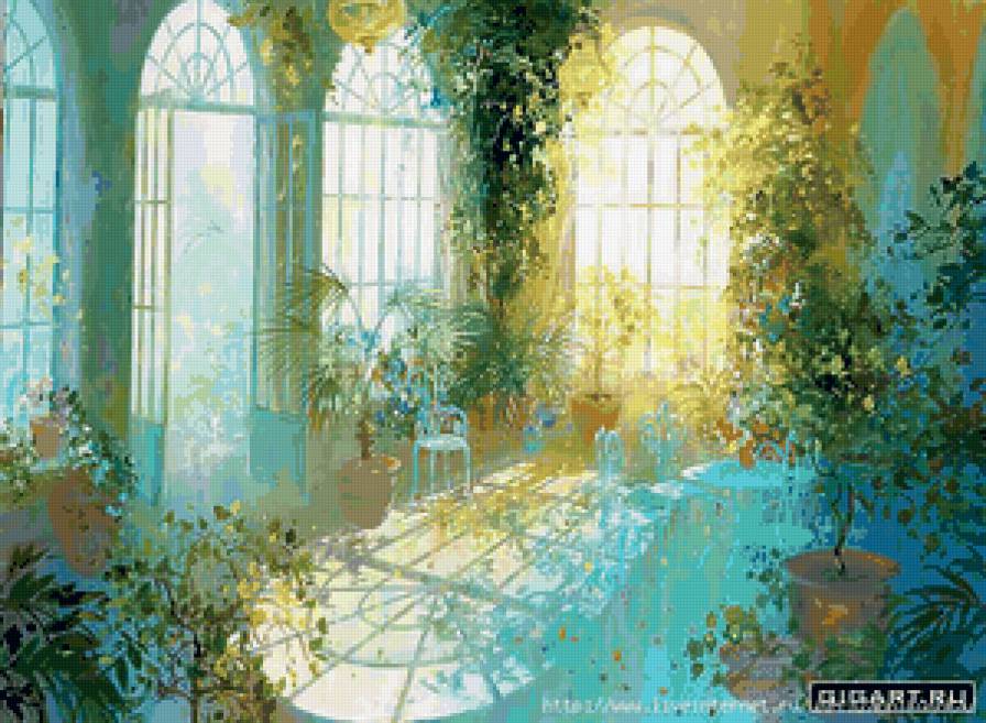 картина - окна, дом, свет, лоран парселье, цветы - предпросмотр