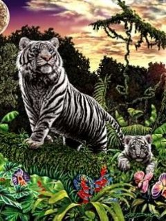 Тигры - тигры, пейзаж, животные, живопись - оригинал