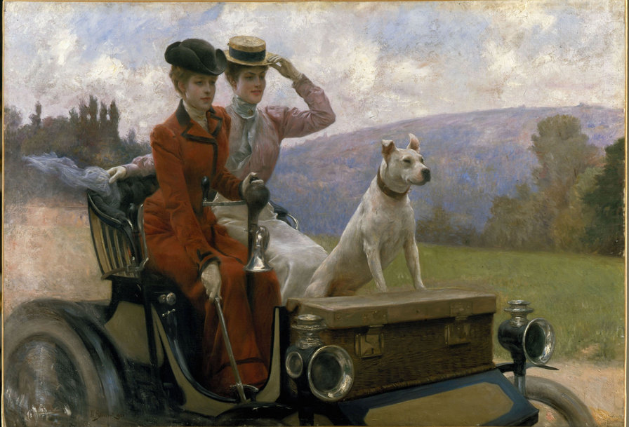 За рулем - живопись, пейзаж, животные, машина, женщины - оригинал