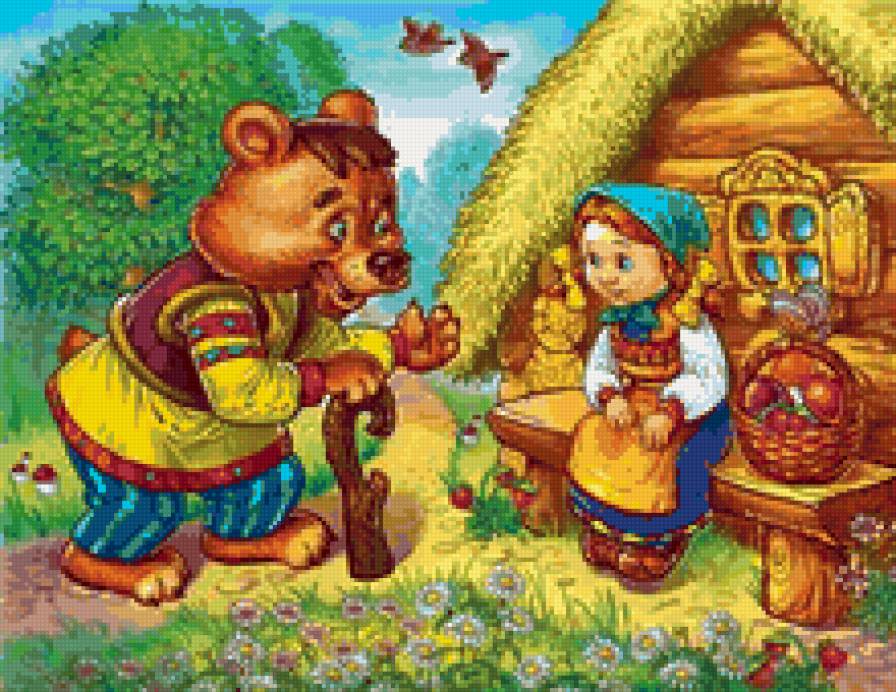 Маша и медведь - девочка, пейзаж, живопись, животные, сказка - предпросмотр