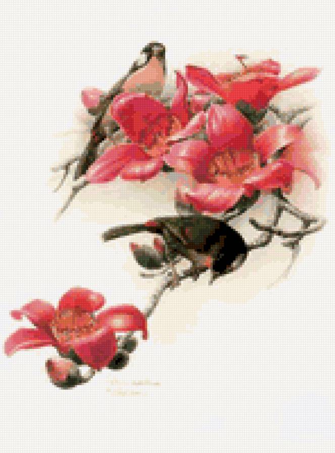 "Ветка сливы" Зенг Ксиао Лиан - цветы, природа, живопись, птицы - предпросмотр