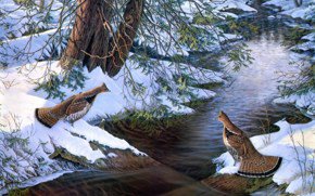 зима - вода, птицы, лес, зима, ручей - оригинал
