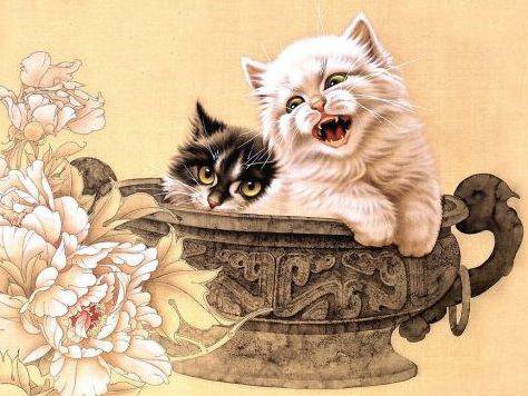 Кошки - кошки, гохуа, картина, анималисты, животные - оригинал