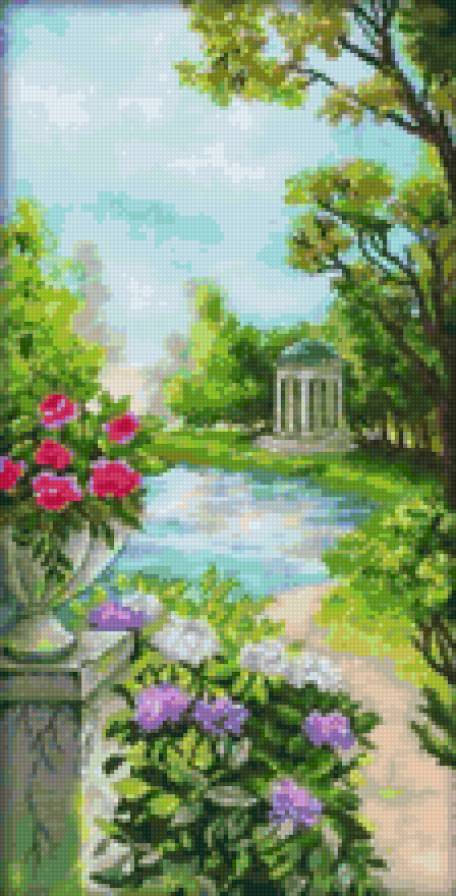 Беседка у воды - беседка, пруд, сад, парк - предпросмотр